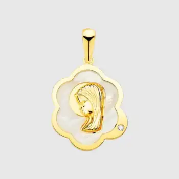 Medalla de oro Virgen niña con nácar y circonita