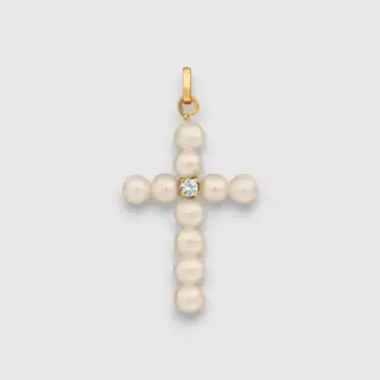 Cruz de oro amarillo con perlas y circonita