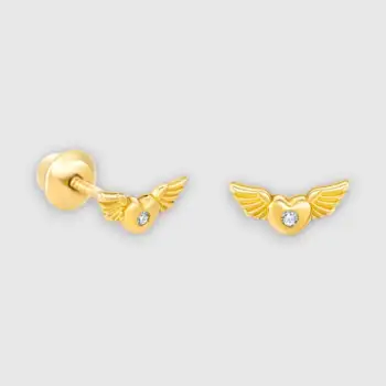 Par de pendientes corazones alados de oro amarillo